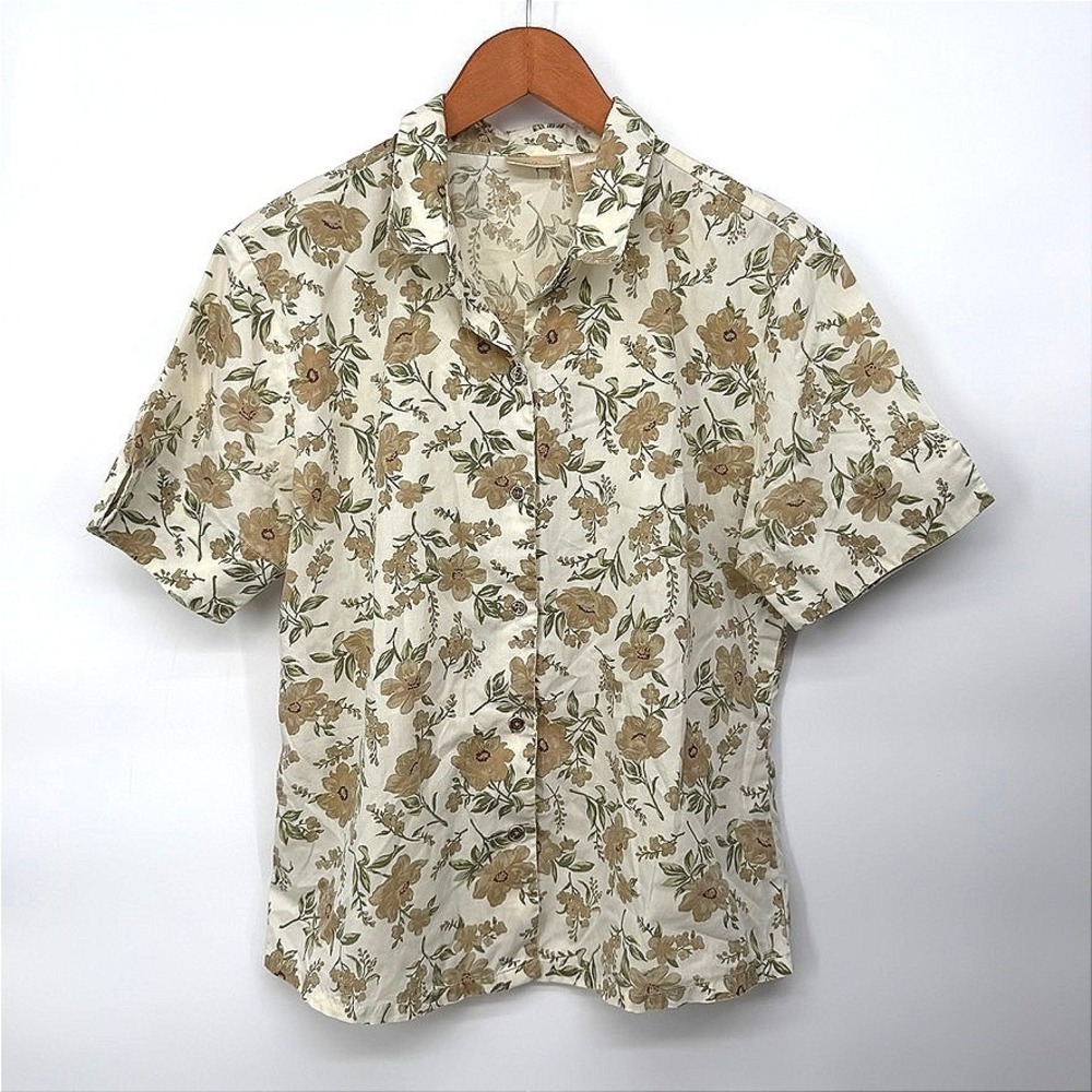 Bobbie Brooks Button Up Shirt Floral Short Sleeve Blouse Petal Khaki Size Medium